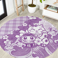 Purple Palaka Hawaiian And Japanese Round Carpet Maneki Neko And Sakura Bloom DT05 Purple - Polynesian Pride