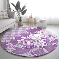 Purple Palaka Hawaiian And Japanese Round Carpet Maneki Neko And Sakura Bloom DT05 - Polynesian Pride