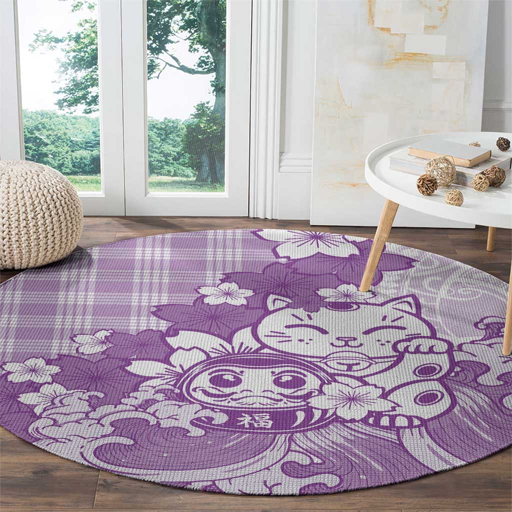 Purple Palaka Hawaiian And Japanese Round Carpet Maneki Neko And Sakura Bloom DT05 - Polynesian Pride