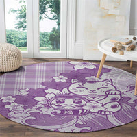 Purple Palaka Hawaiian And Japanese Round Carpet Maneki Neko And Sakura Bloom DT05 - Polynesian Pride