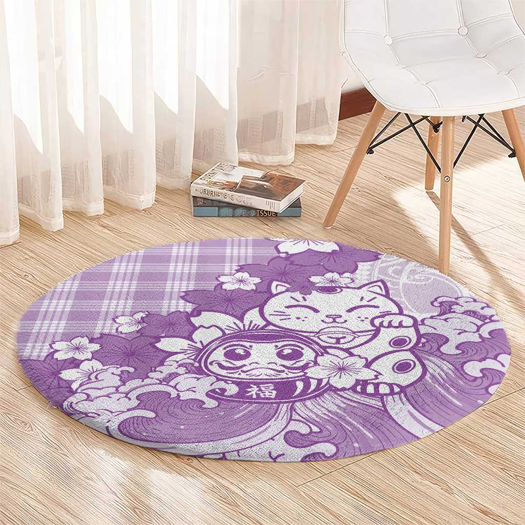 Purple Palaka Hawaiian And Japanese Round Carpet Maneki Neko And Sakura Bloom DT05 - Polynesian Pride