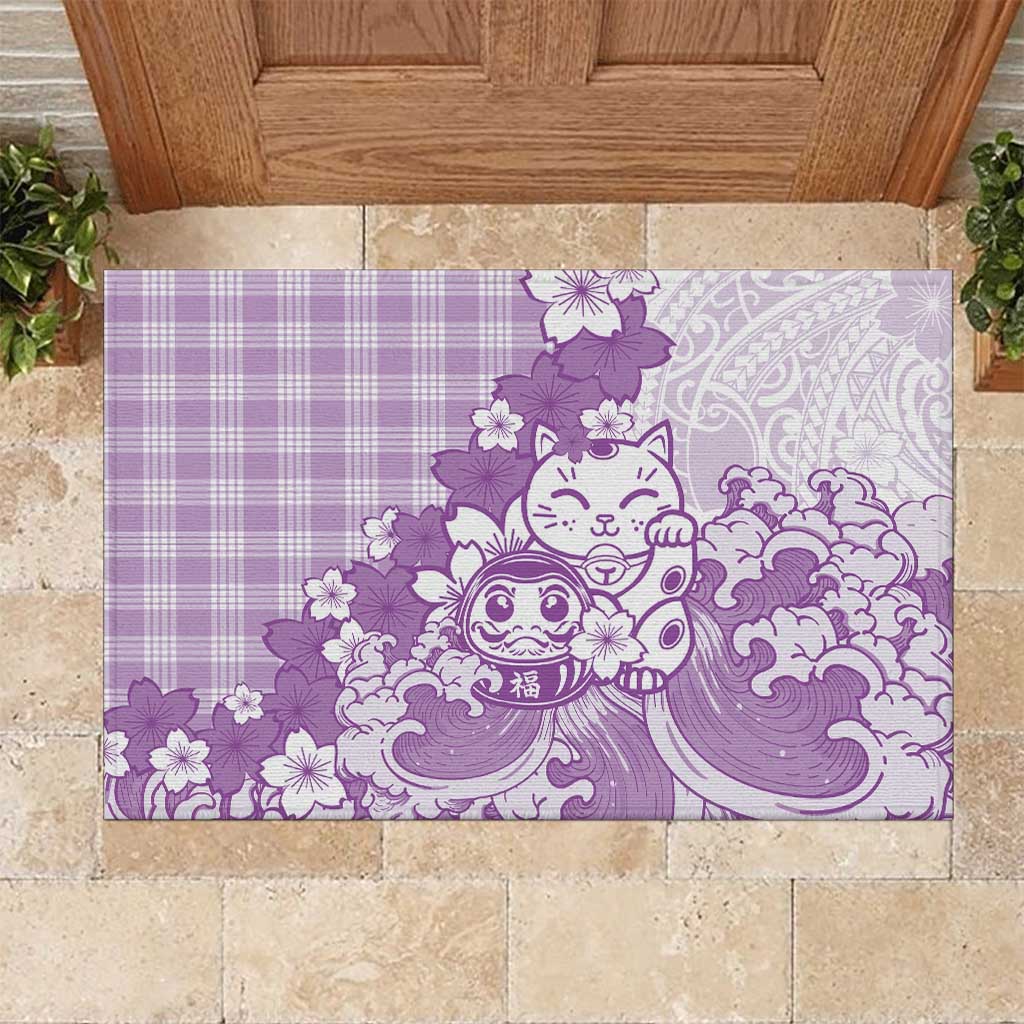 Purple Palaka Hawaiian And Japanese Rubber Doormat Maneki Neko And Sakura Bloom DT05 Purple - Polynesian Pride