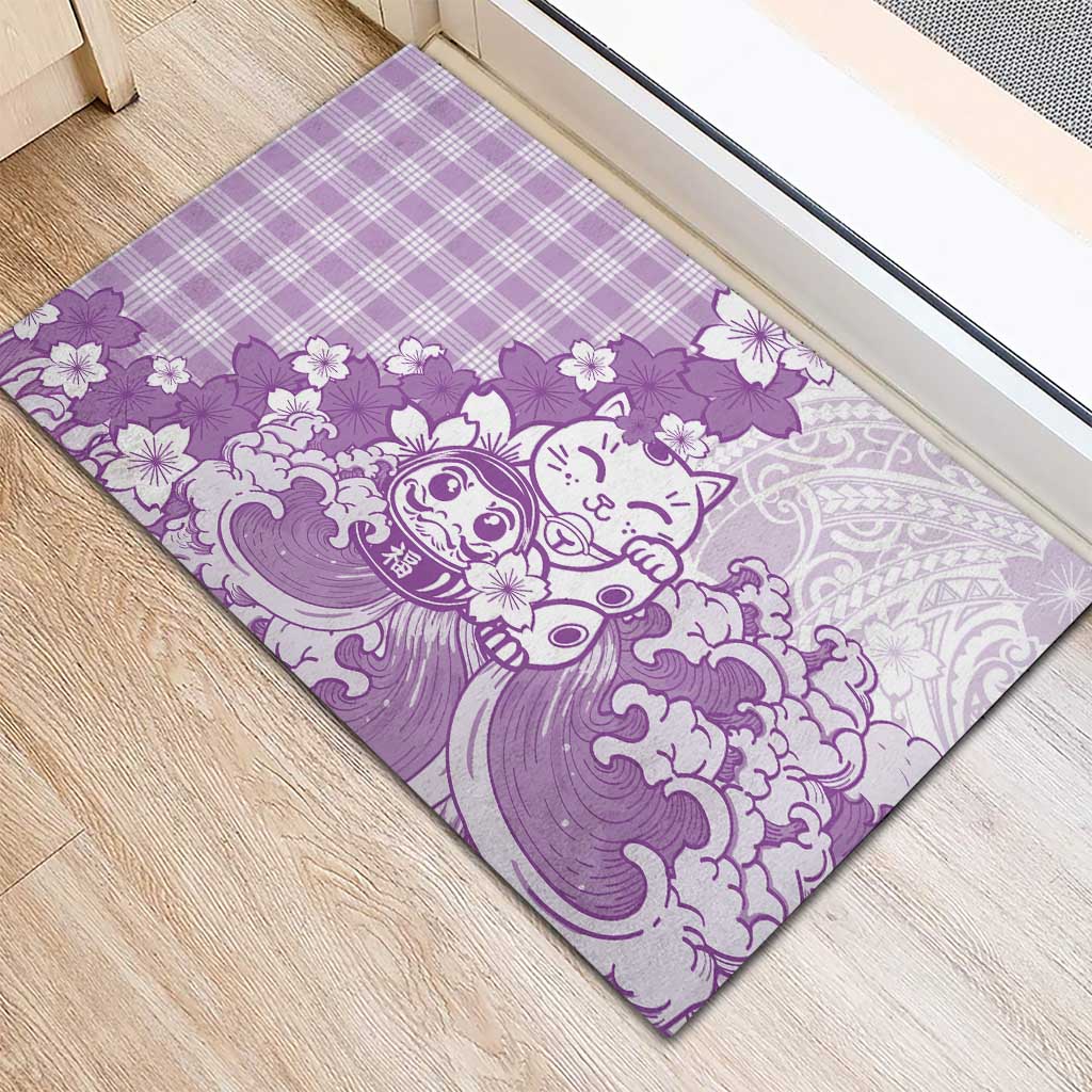 Purple Palaka Hawaiian And Japanese Rubber Doormat Maneki Neko And Sakura Bloom DT05 - Polynesian Pride