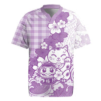 Purple Palaka Hawaiian And Japanese Rugby Jersey Maneki Neko And Sakura Bloom DT05 Purple - Polynesian Pride