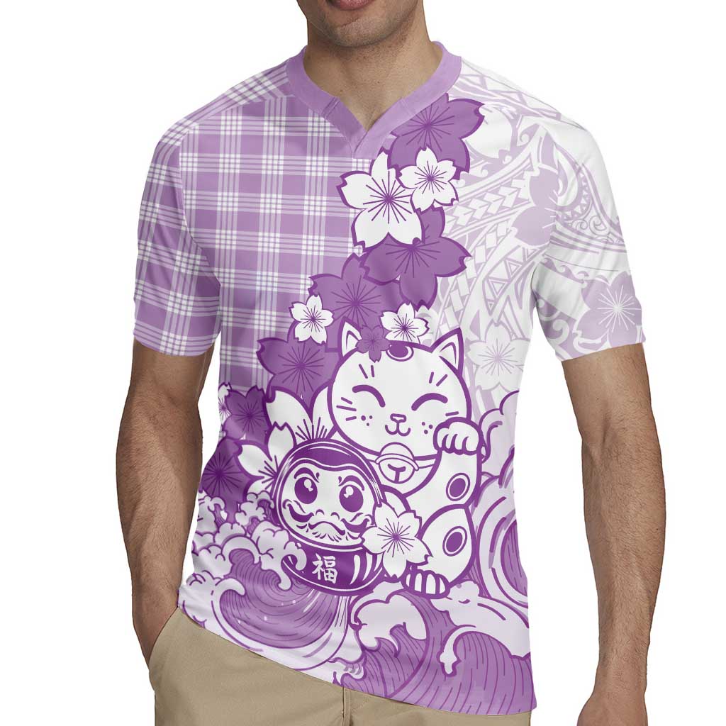 Purple Palaka Hawaiian And Japanese Rugby Jersey Maneki Neko And Sakura Bloom DT05 - Polynesian Pride
