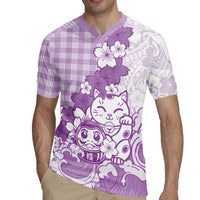 Purple Palaka Hawaiian And Japanese Rugby Jersey Maneki Neko And Sakura Bloom DT05 - Polynesian Pride