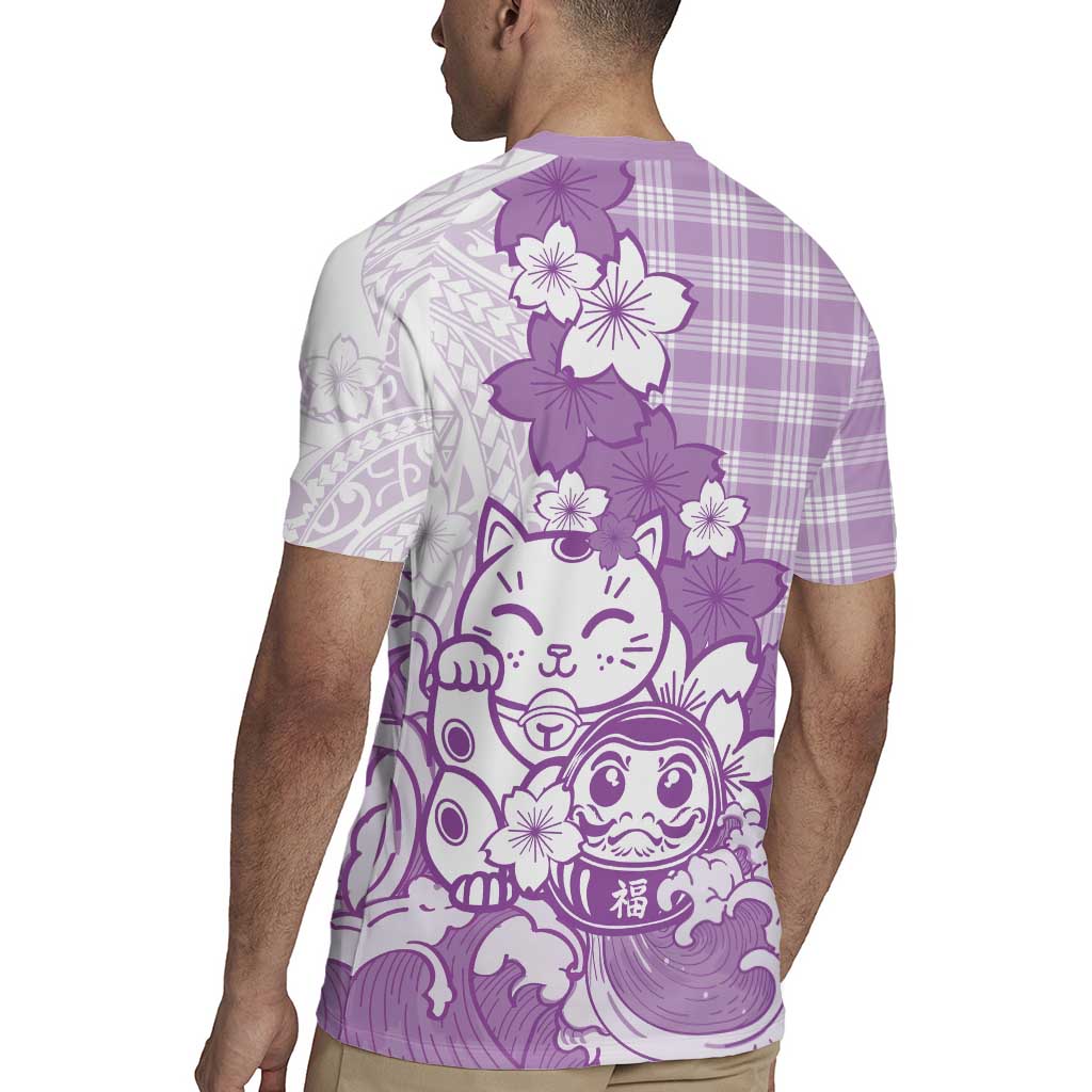 Purple Palaka Hawaiian And Japanese Rugby Jersey Maneki Neko And Sakura Bloom DT05 - Polynesian Pride