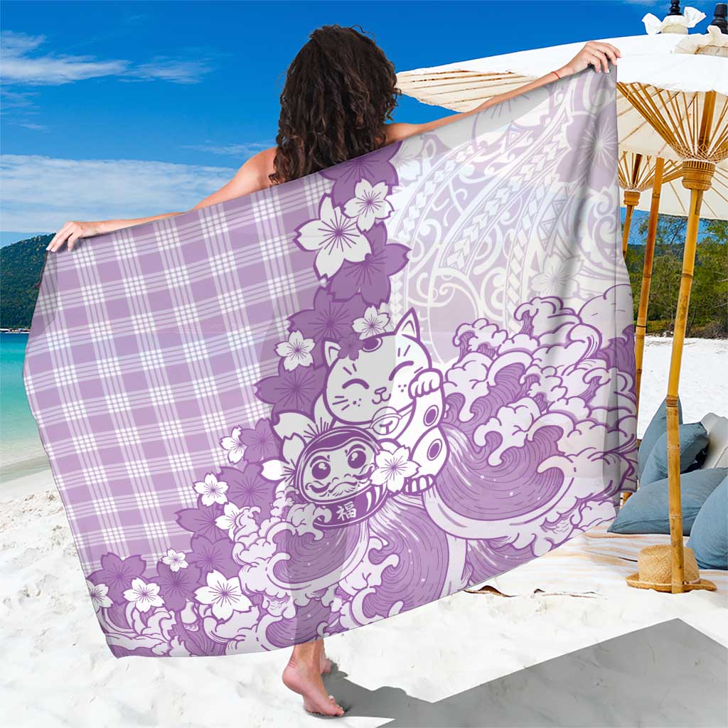 Purple Palaka Hawaiian And Japanese Sarong Maneki Neko And Sakura Bloom DT05 One Size 44 x 66 inches Purple - Polynesian Pride