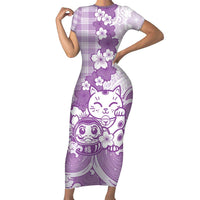 Purple Palaka Hawaiian And Japanese Short Sleeve Bodycon Dress Maneki Neko And Sakura Bloom