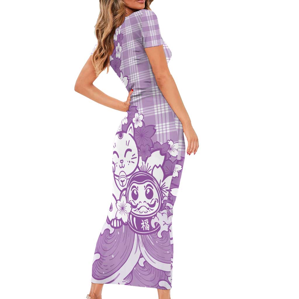Purple Palaka Hawaiian And Japanese Short Sleeve Bodycon Dress Maneki Neko And Sakura Bloom