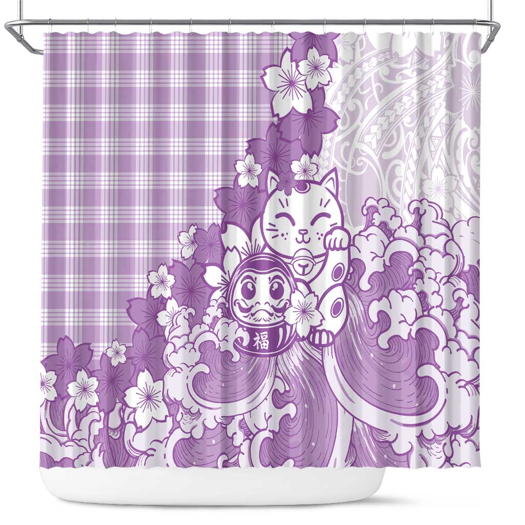 Purple Palaka Hawaiian And Japanese Shower Curtain Maneki Neko And Sakura Bloom DT05 Purple - Polynesian Pride