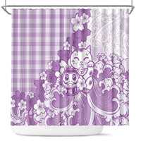 Purple Palaka Hawaiian And Japanese Shower Curtain Maneki Neko And Sakura Bloom DT05 Purple - Polynesian Pride