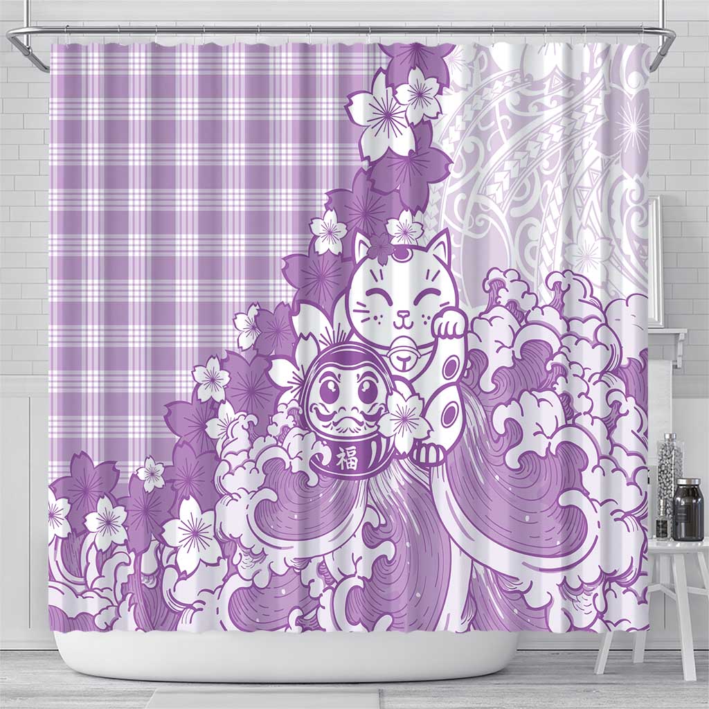 Purple Palaka Hawaiian And Japanese Shower Curtain Maneki Neko And Sakura Bloom DT05 - Polynesian Pride