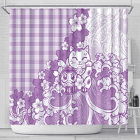 Purple Palaka Hawaiian And Japanese Shower Curtain Maneki Neko And Sakura Bloom DT05 - Polynesian Pride