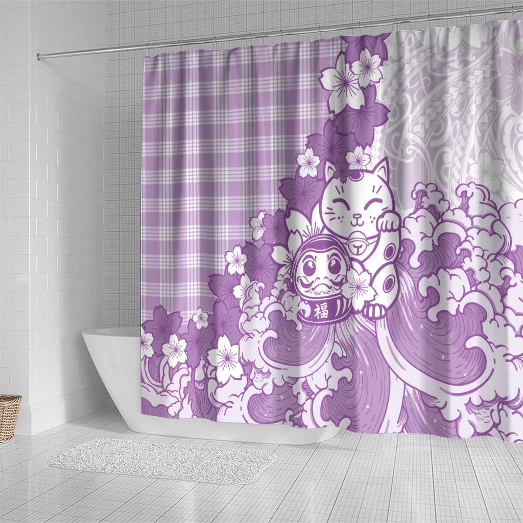 Purple Palaka Hawaiian And Japanese Shower Curtain Maneki Neko And Sakura Bloom DT05 - Polynesian Pride