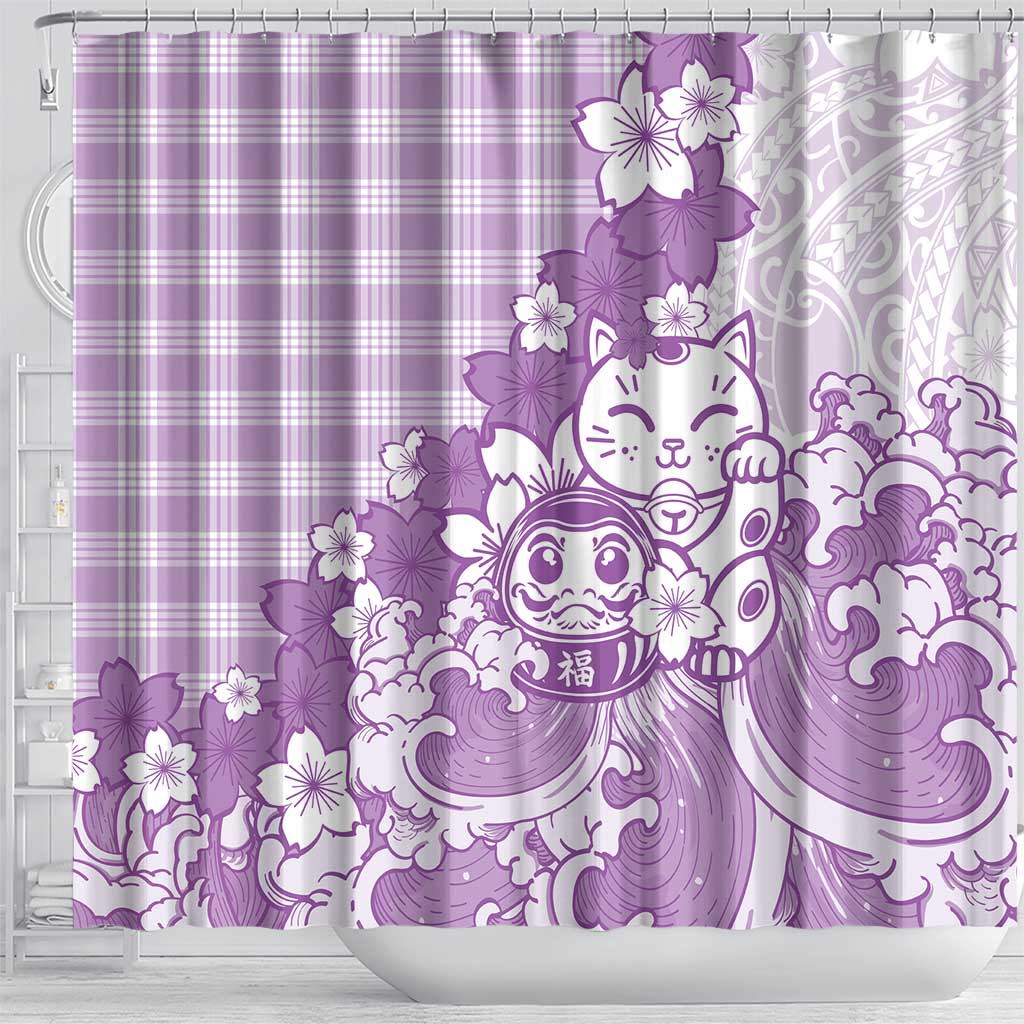 Purple Palaka Hawaiian And Japanese Shower Curtain Maneki Neko And Sakura Bloom DT05 - Polynesian Pride