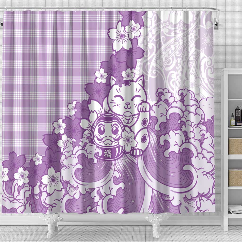Purple Palaka Hawaiian And Japanese Shower Curtain Maneki Neko And Sakura Bloom DT05 - Polynesian Pride