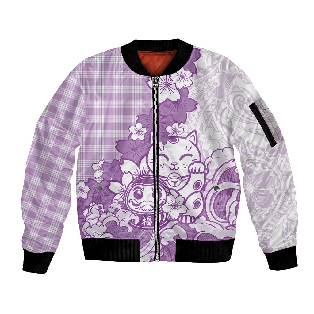 Purple Palaka Hawaiian And Japanese Sleeve Zip Bomber Jacket Maneki Neko And Sakura Bloom DT05 Unisex Purple - Polynesian Pride