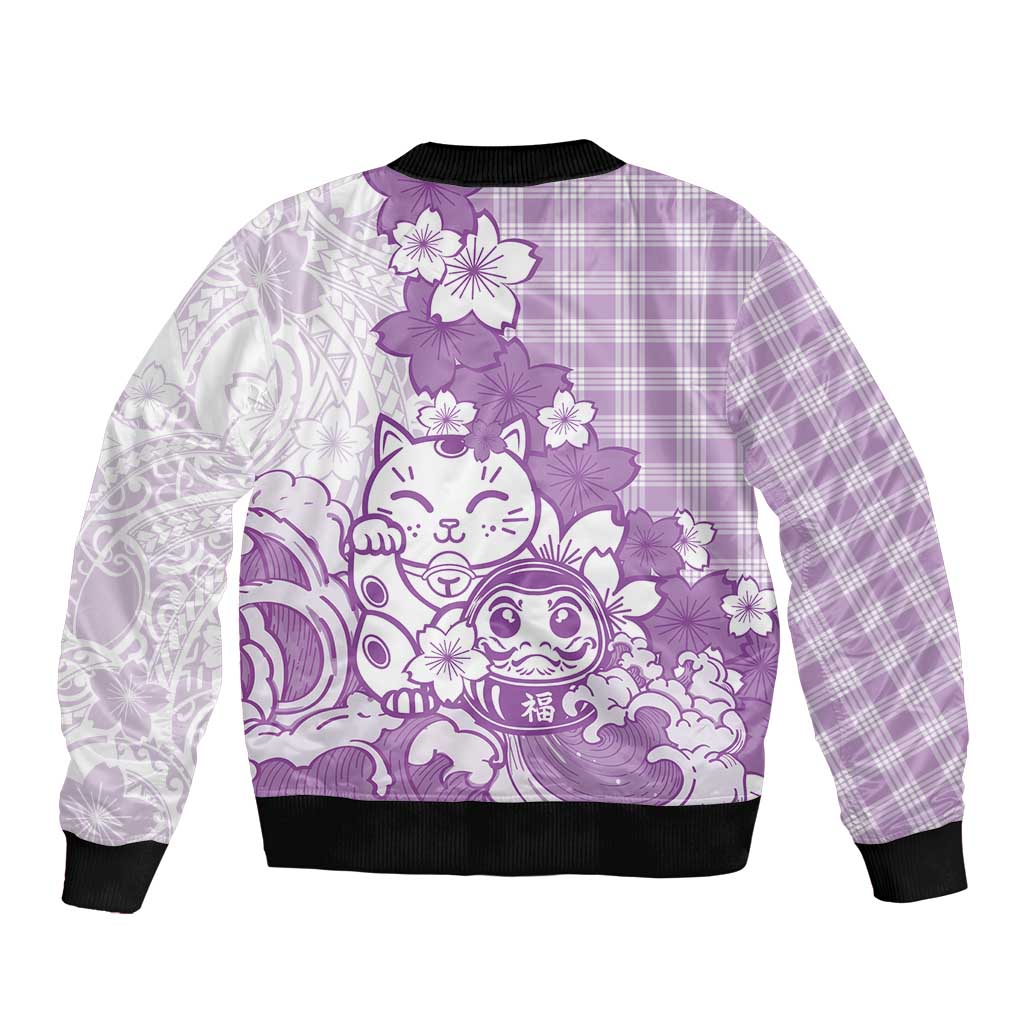 Purple Palaka Hawaiian And Japanese Sleeve Zip Bomber Jacket Maneki Neko And Sakura Bloom DT05 - Polynesian Pride