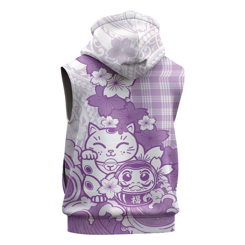 Purple Palaka Hawaiian And Japanese Sleeveless Zip Hoodie Maneki Neko And Sakura Bloom DT05 - Polynesian Pride