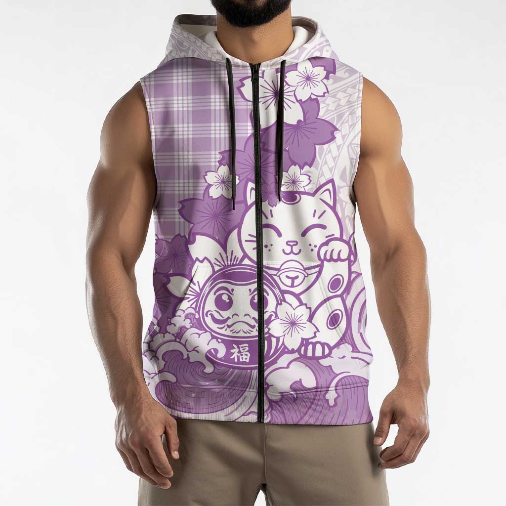 Purple Palaka Hawaiian And Japanese Sleeveless Zip Hoodie Maneki Neko And Sakura Bloom DT05 - Polynesian Pride