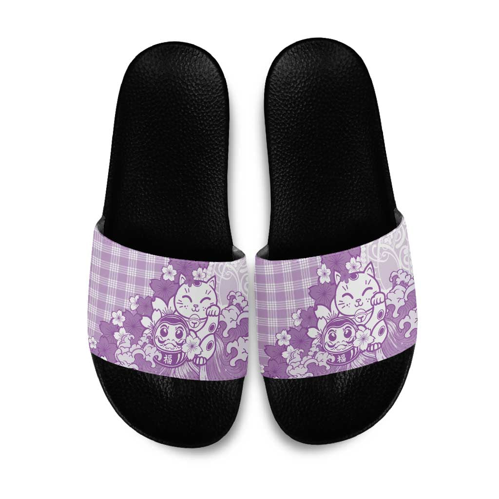 Purple Palaka Hawaiian And Japanese Slide Sandals Maneki Neko And Sakura Bloom DT05 Purple - Polynesian Pride