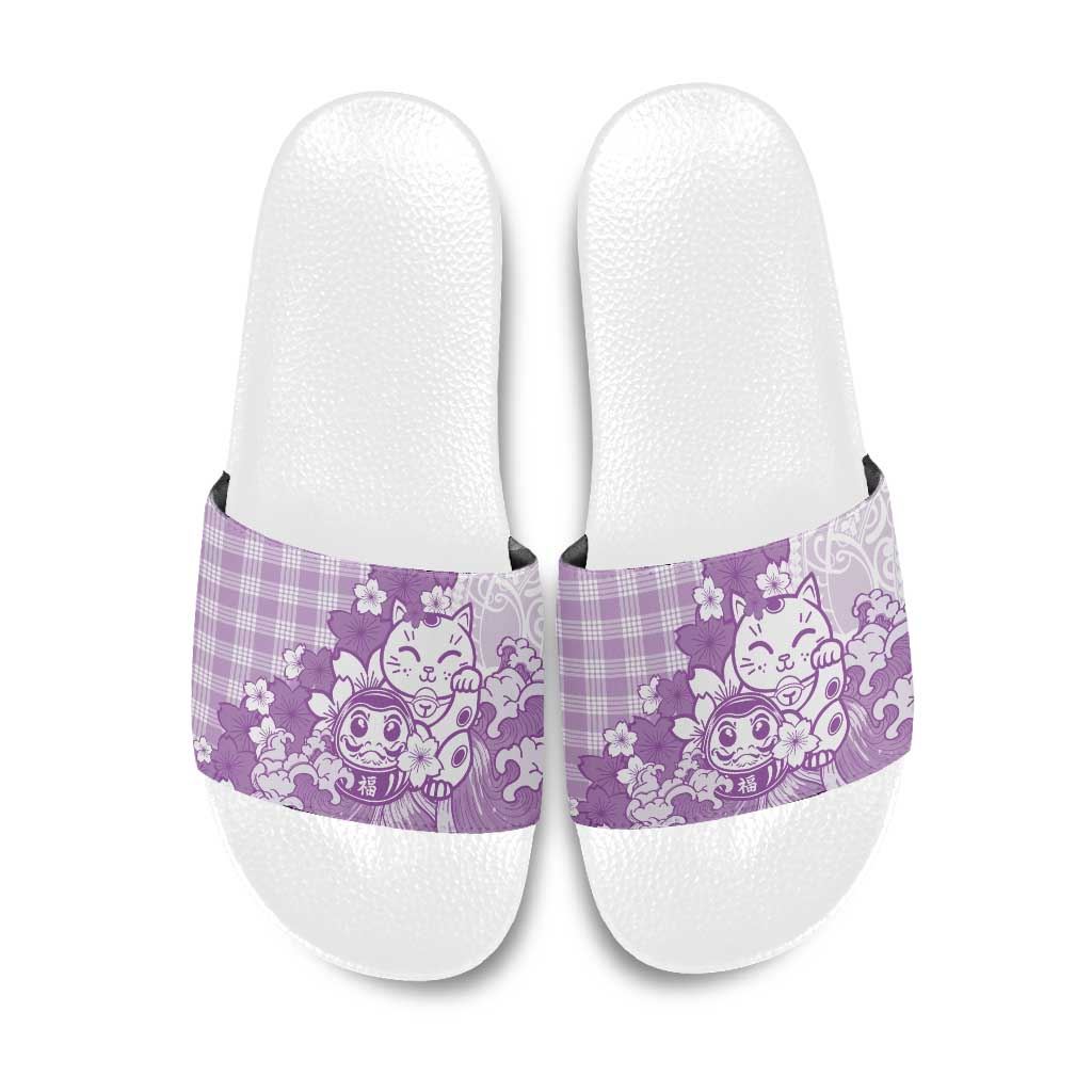 Purple Palaka Hawaiian And Japanese Slide Sandals Maneki Neko And Sakura Bloom DT05 Purple - Polynesian Pride