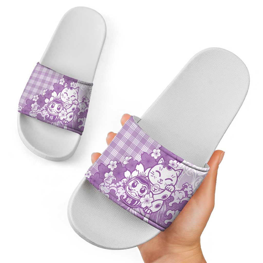 Purple Palaka Hawaiian And Japanese Slide Sandals Maneki Neko And Sakura Bloom DT05 - Polynesian Pride