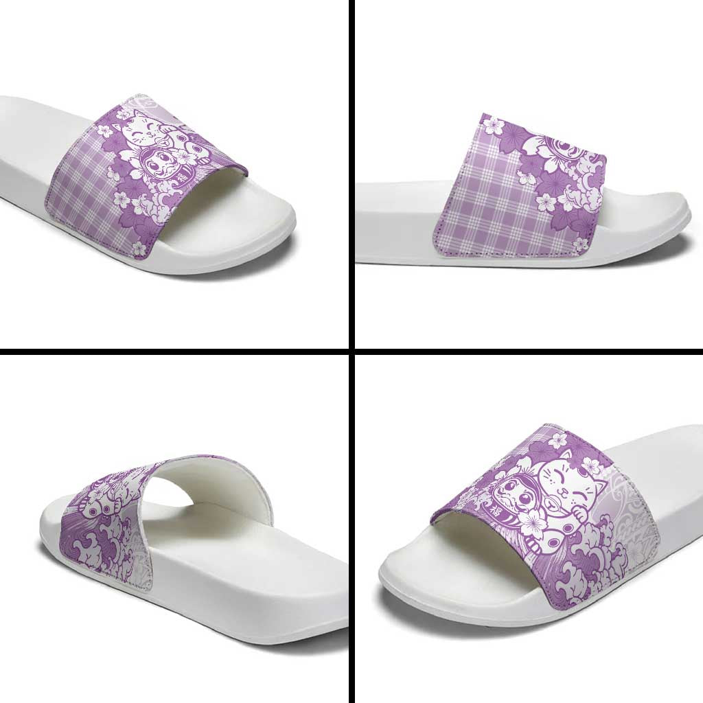 Purple Palaka Hawaiian And Japanese Slide Sandals Maneki Neko And Sakura Bloom DT05 - Polynesian Pride