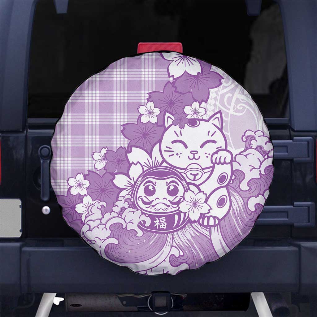 Purple Palaka Hawaiian And Japanese Spare Tire Cover Maneki Neko And Sakura Bloom DT05 No hole Purple - Polynesian Pride