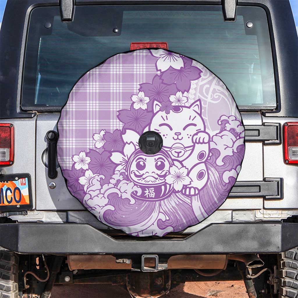 Purple Palaka Hawaiian And Japanese Spare Tire Cover Maneki Neko And Sakura Bloom DT05 Purple - Polynesian Pride