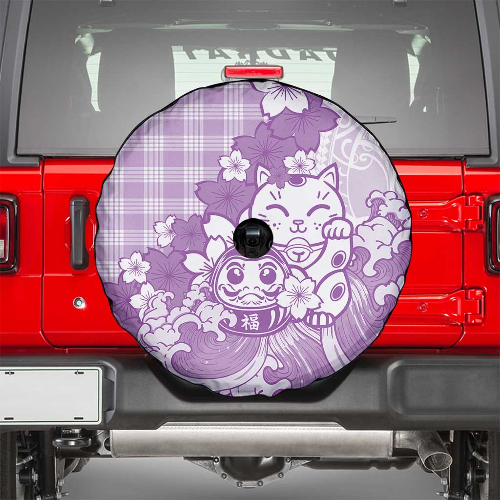 Purple Palaka Hawaiian And Japanese Spare Tire Cover Maneki Neko And Sakura Bloom DT05 - Polynesian Pride