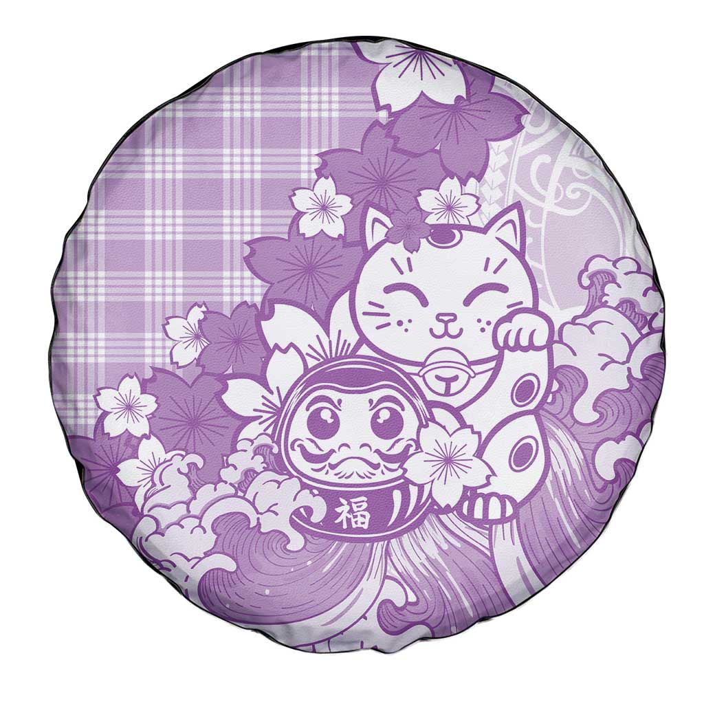 Purple Palaka Hawaiian And Japanese Spare Tire Cover Maneki Neko And Sakura Bloom DT05 - Polynesian Pride