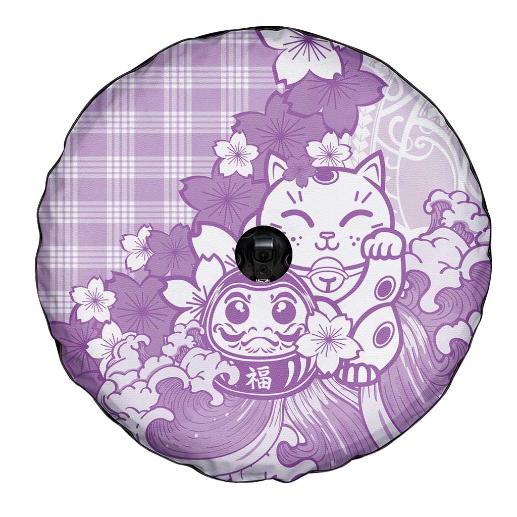 Purple Palaka Hawaiian And Japanese Spare Tire Cover Maneki Neko And Sakura Bloom DT05 - Polynesian Pride