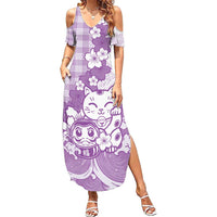 Purple Palaka Hawaiian And Japanese Summer Maxi Dress Maneki Neko And Sakura Bloom DT05 Women Purple - Polynesian Pride