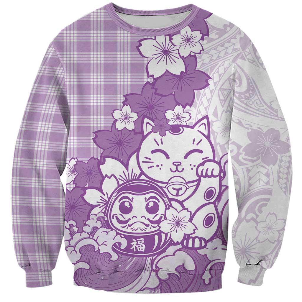 Purple Palaka Hawaiian And Japanese Sweatshirt Maneki Neko And Sakura Bloom DT05 Unisex Purple - Polynesian Pride