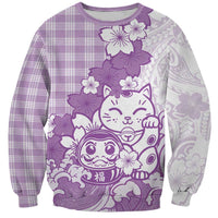 Purple Palaka Hawaiian And Japanese Sweatshirt Maneki Neko And Sakura Bloom DT05 Unisex Purple - Polynesian Pride