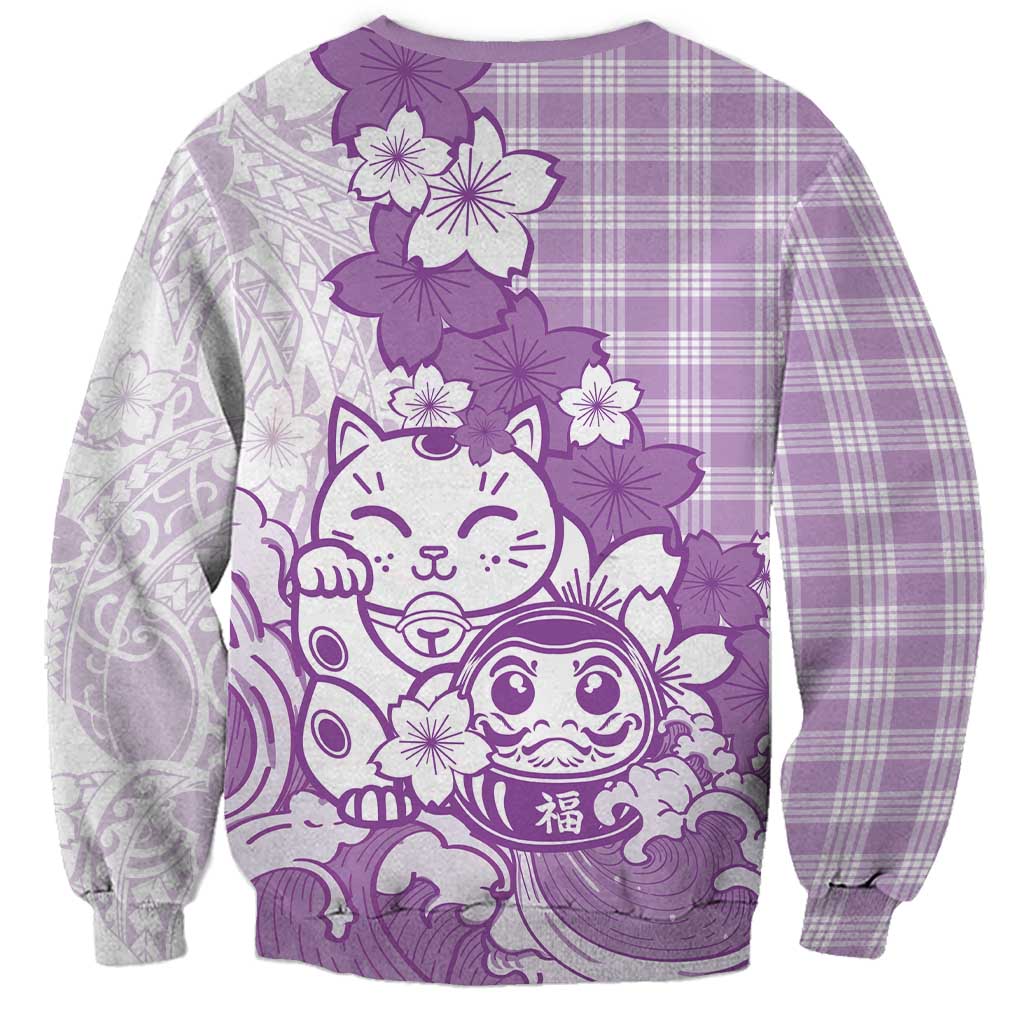 Purple Palaka Hawaiian And Japanese Sweatshirt Maneki Neko And Sakura Bloom DT05 - Polynesian Pride