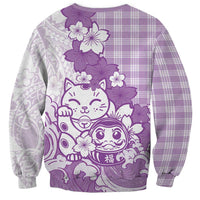 Purple Palaka Hawaiian And Japanese Sweatshirt Maneki Neko And Sakura Bloom DT05 - Polynesian Pride