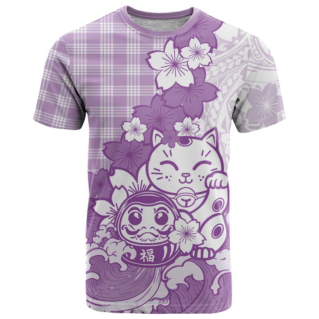 Purple Palaka Hawaiian And Japanese T Shirt Maneki Neko And Sakura Bloom DT05 Purple - Polynesian Pride