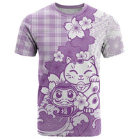 Purple Palaka Hawaiian And Japanese T Shirt Maneki Neko And Sakura Bloom DT05 Purple - Polynesian Pride