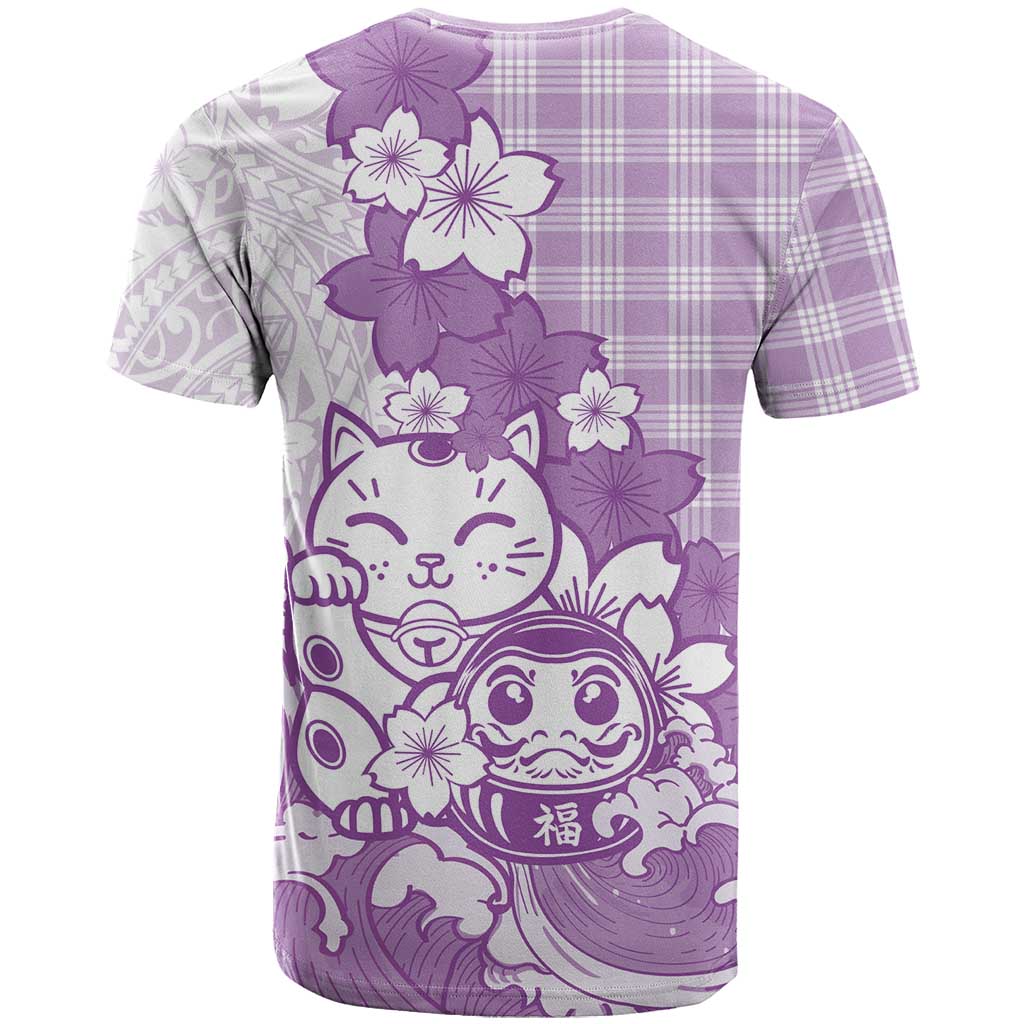 Purple Palaka Hawaiian And Japanese T Shirt Maneki Neko And Sakura Bloom DT05 - Polynesian Pride