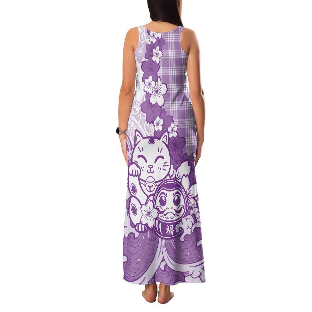 Purple Palaka Hawaiian And Japanese Tank Maxi Dress Maneki Neko And Sakura Bloom DT05 - Polynesian Pride