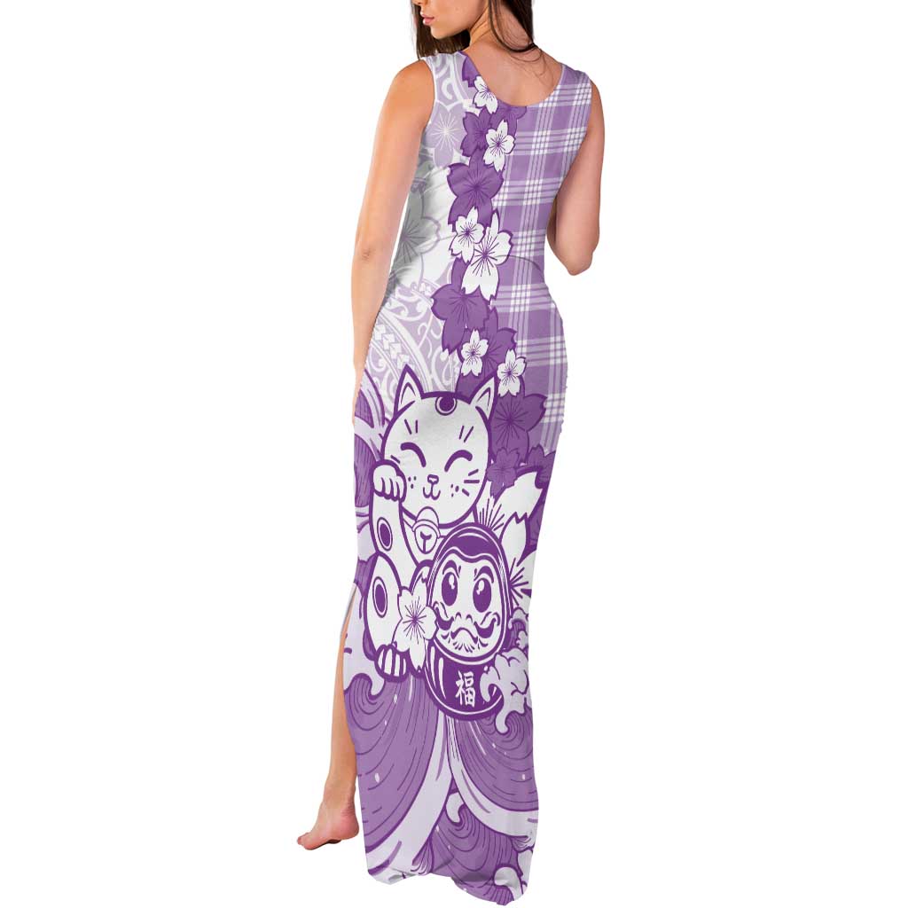 Purple Palaka Hawaiian And Japanese Tank Maxi Dress Maneki Neko And Sakura Bloom DT05 - Polynesian Pride