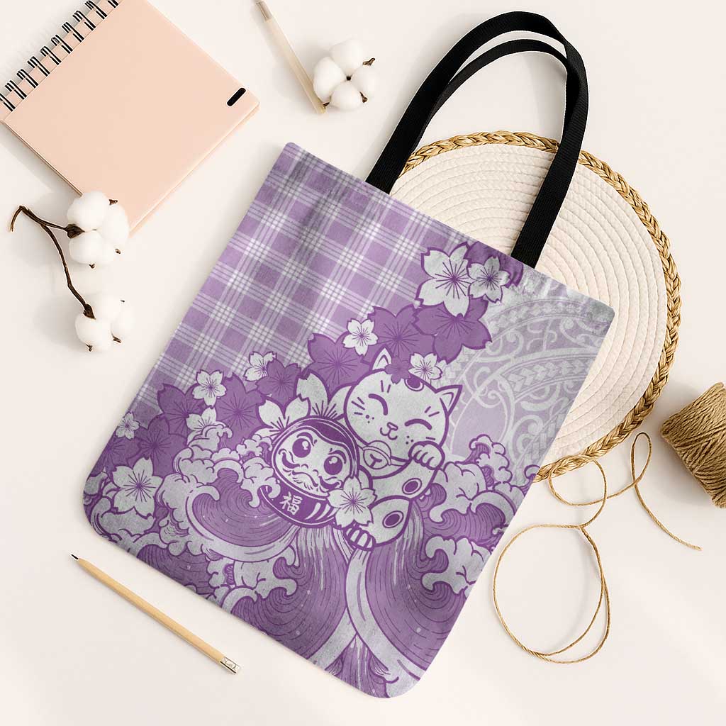Purple Palaka Hawaiian And Japanese Tote Bag Maneki Neko And Sakura Bloom DT05 Black Strap One Size Purple - Polynesian Pride