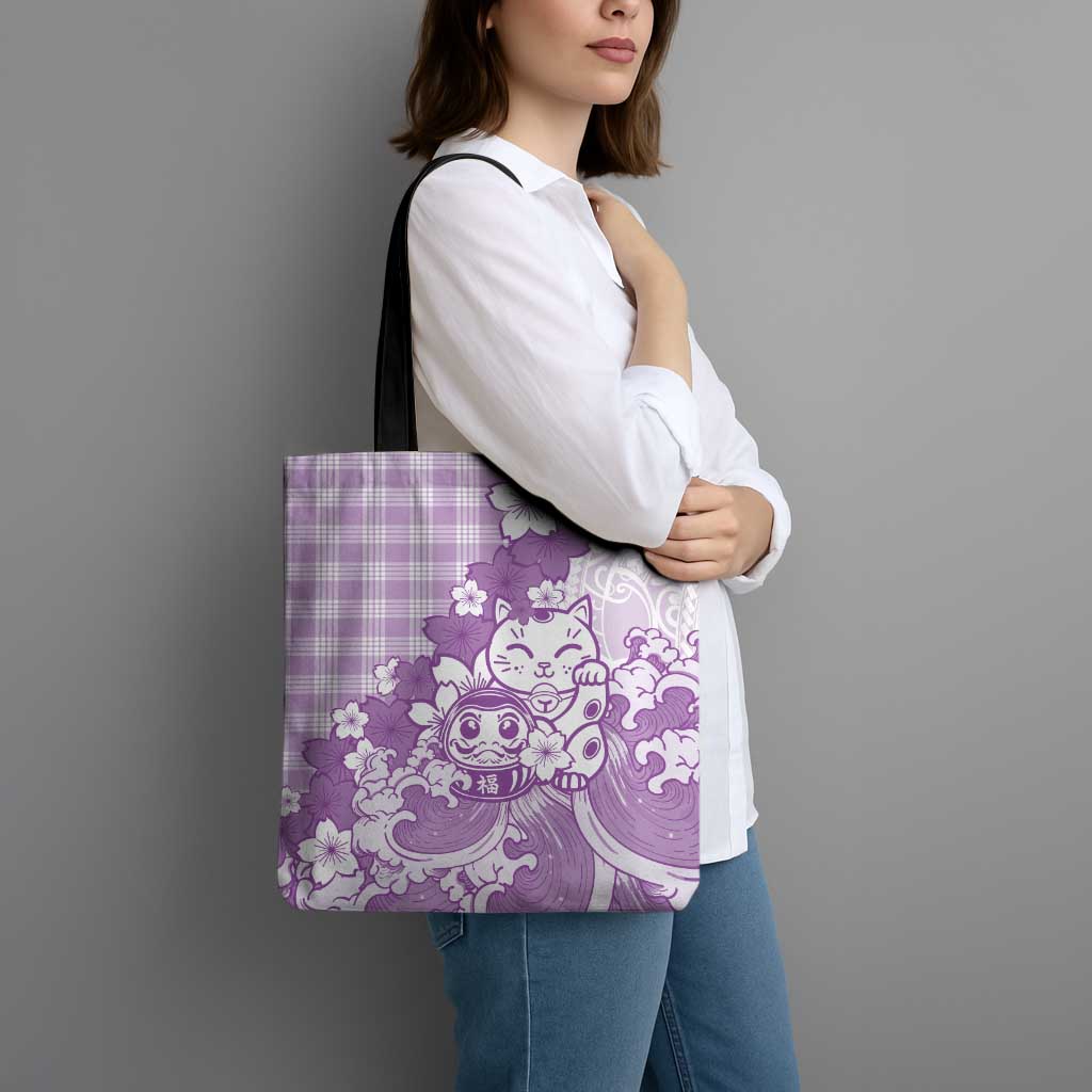 Purple Palaka Hawaiian And Japanese Tote Bag Maneki Neko And Sakura Bloom DT05 - Polynesian Pride