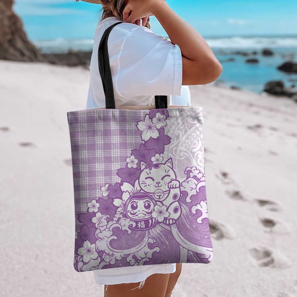 Purple Palaka Hawaiian And Japanese Tote Bag Maneki Neko And Sakura Bloom DT05 - Polynesian Pride