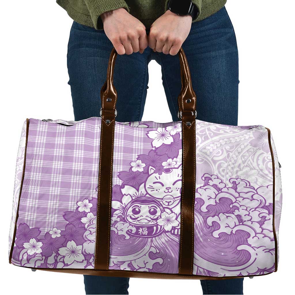 Purple Palaka Hawaiian And Japanese Travel Bag Maneki Neko And Sakura Bloom