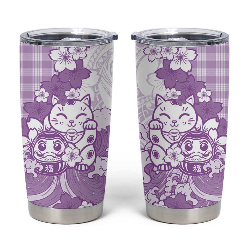 Purple Palaka Hawaiian And Japanese Tumbler Cup Maneki Neko And Sakura Bloom DT05 Purple - Polynesian Pride
