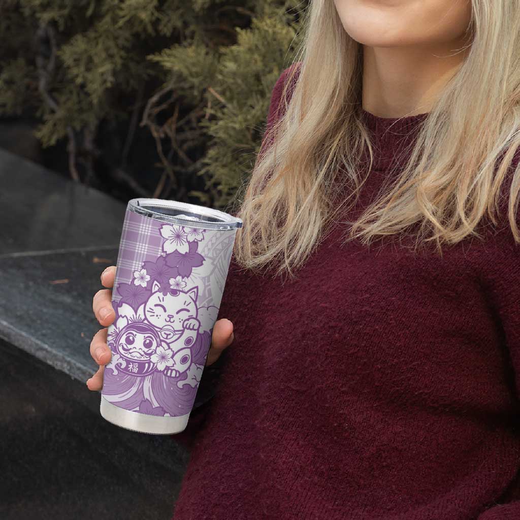 Purple Palaka Hawaiian And Japanese Tumbler Cup Maneki Neko And Sakura Bloom DT05 - Polynesian Pride